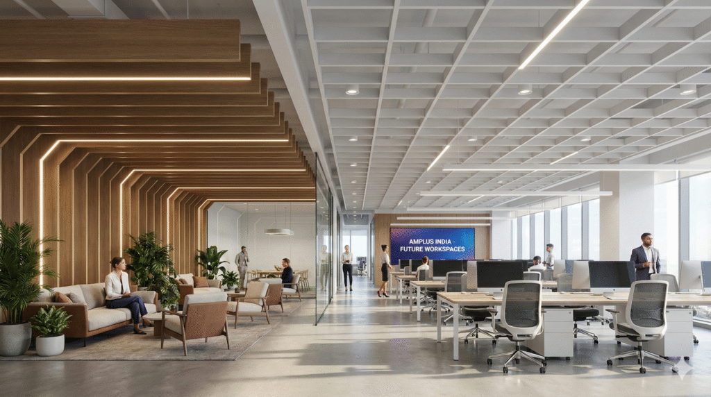 Modern office lobby with Amplus vertical Metal Baffle ceiling for visual depth and premium look.